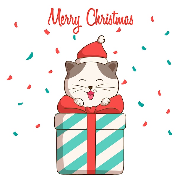 Nette katzenillustration für weihnachtsfahne mit bunter geschenkbox