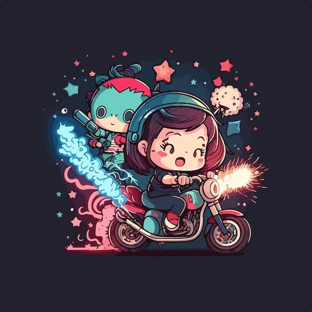 Nette kawaii Kinder, die Motorrad mit Feuerwerk fahren