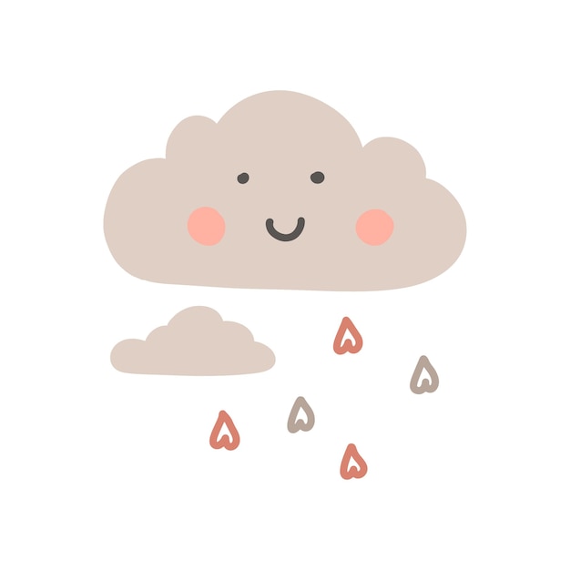 Nette Kawaii-Wolke mit Regenherzen Vektorillustration