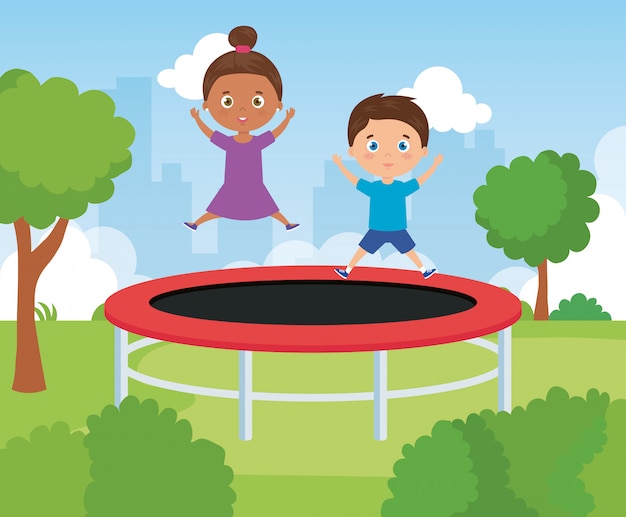 Nette kinder im park, der in der trampolineillustration spielt