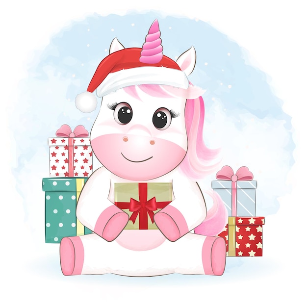 Nette kleine einhorn- und geschenkbox-weihnachtsjahreszeitillustration