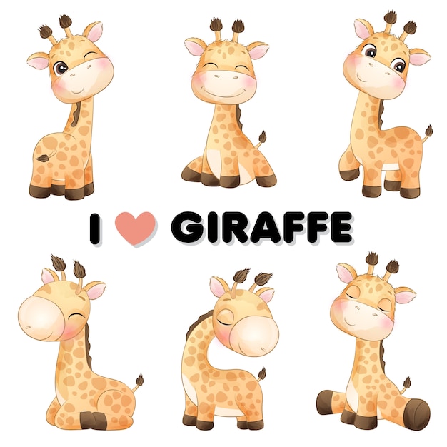 Vektor nette kleine giraffe wirft mit aquarellillustration auf