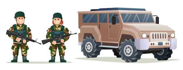 Nette kleine jungen- und mädchenarmeesoldaten, die waffengewehre mit militärfahrzeugillustration halten