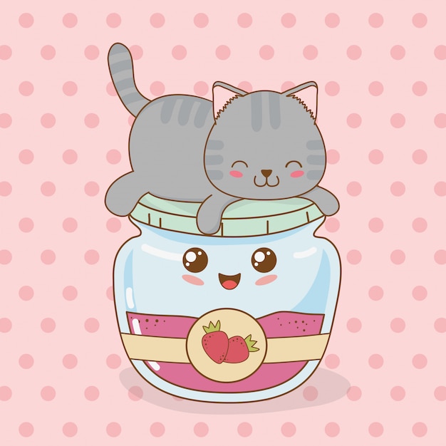 Nette kleine katze mit erdbeermarmeladetopf kawaii charakter