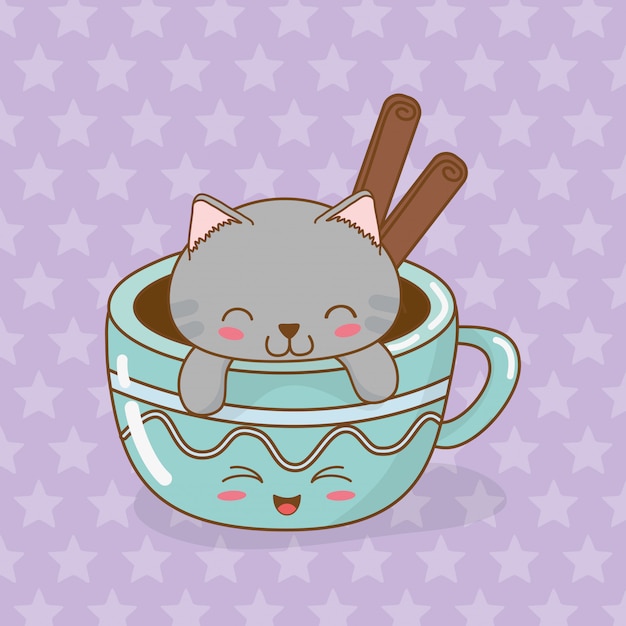 Nette kleine katze mit kawaii charakter der kaffeetasse