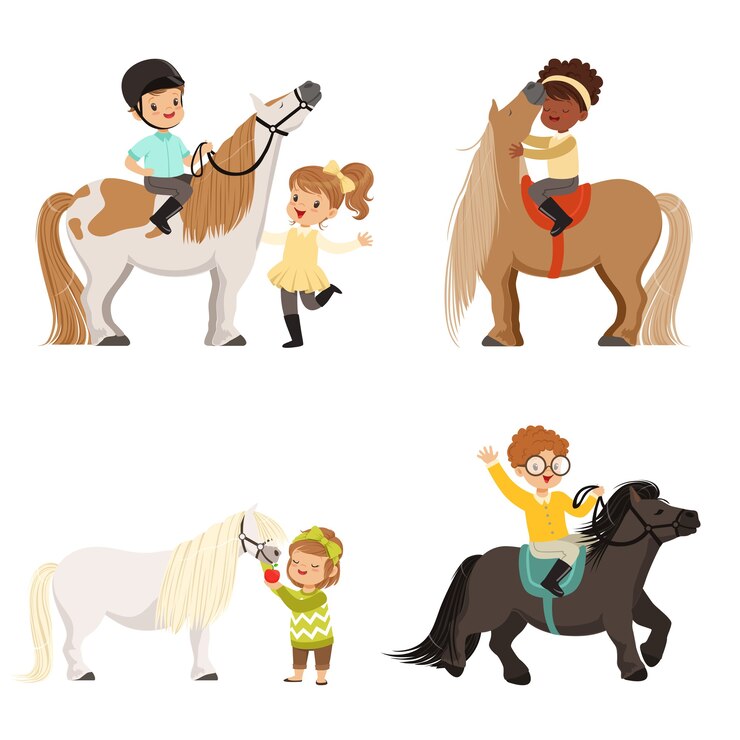 Nette kleine Kinder, die Ponys reiten und sich um ihre Pferde kümmern, Pferdesport, Illustrationen auf einem weißen Hintergrund