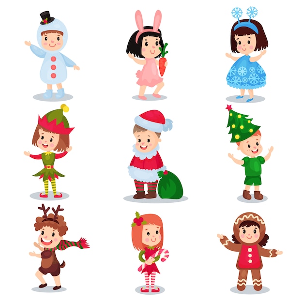 Nette kleine kinder, die weihnachtskostüme tragen, glückliche kinder in kostümen von elf, schneemann, rentier, weihnachtsmann, weihnachtsbaum, schneeflocke, lebkuchen, hasenkarikaturillustrationen tragen