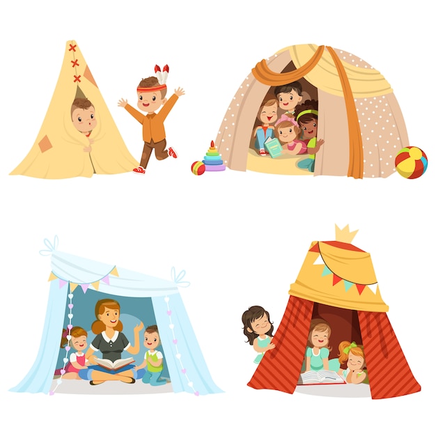 Nette kleine kinder spielen und sitzen in einem zelt tipi, eingestellt für. karikatur detaillierte bunte illustrationen