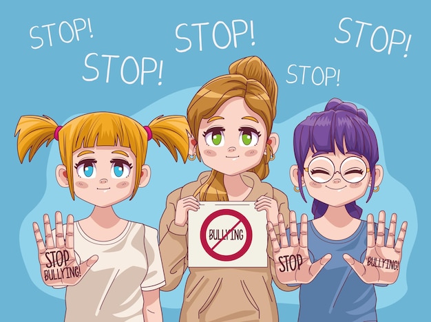 Nette kleine mädchengruppe mit stop-mobbing-comic-manga-figuren-illustration