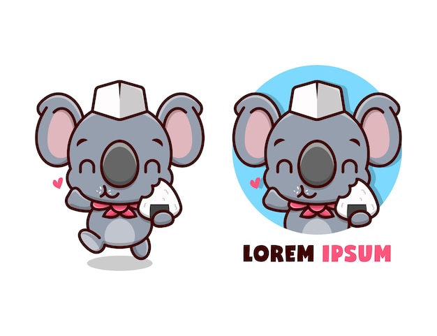 Nette koala, die chef hat und roten schal trägt, esst onigiri. cartoon mascot.