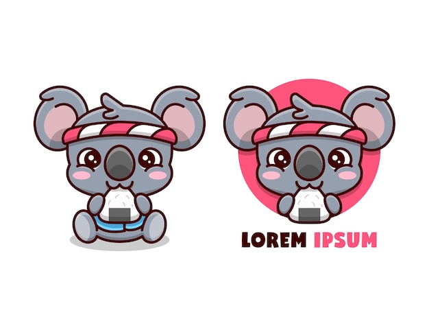 Nette koala essen onigiri und tragen headband cartoon mascot