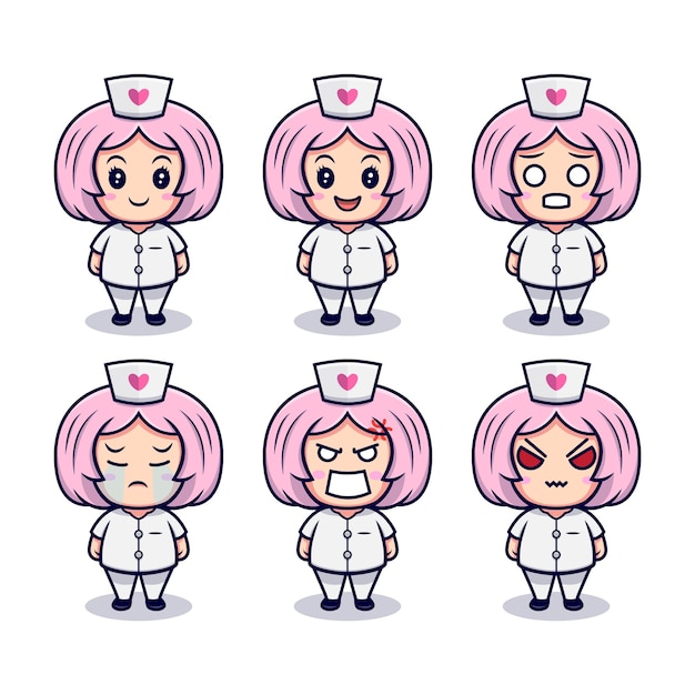 Nette krankenschwester mit verschiedenen ausdrücken eingestellt