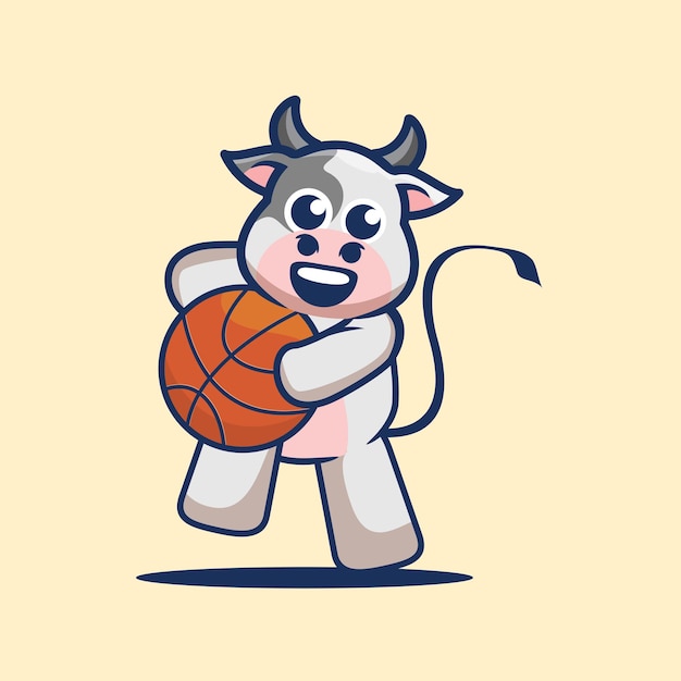 Nette Kuh, die Basketballmaskottchenkarikaturillustration spielt