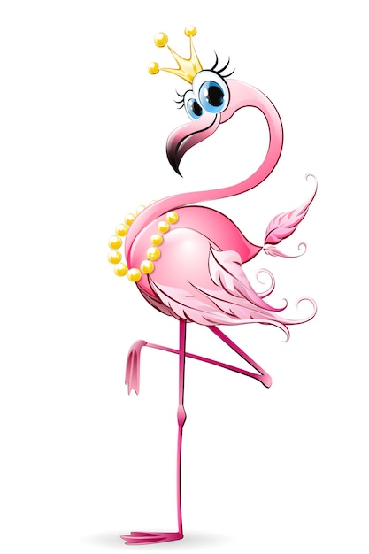 Vektor nette lustige flamingo-prinzessin mit goldener halskette mit kronenende