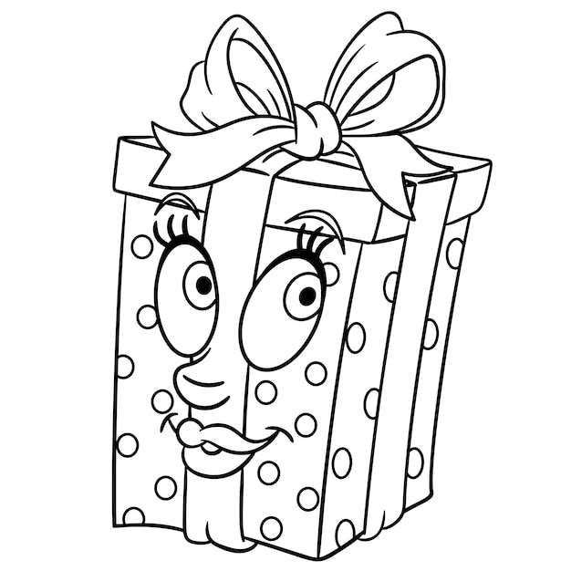 Nette mädchenhafte geschenkbox mit schleife. cartoon lustiges essen emoji-gesicht. malvorlagen für kinder.