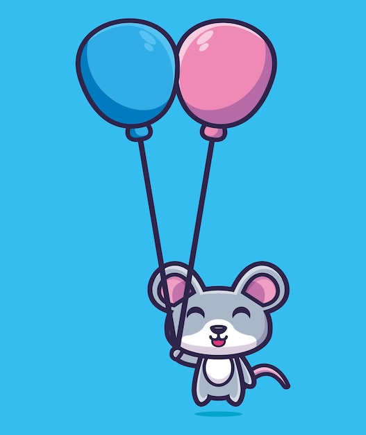 Nette maus, die mit ballonkarikatur-vektorillustration schwimmt