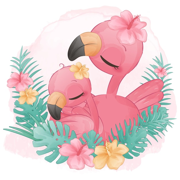 Vektor nette mutter- und babyflamingoillustration