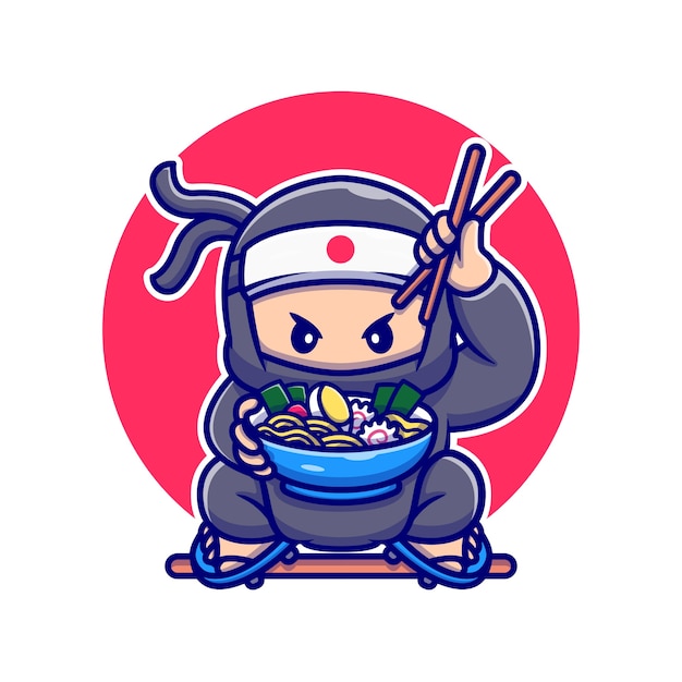Vektor nette ninja, die ramen-karikatur-vektor-illustration isst. menschen-lebensmittel-konzept-isolierter vektor. flacher cartoon-stil
