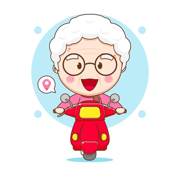 Nette oma, die motorrad-chibi-zeichentrickfigur reitet