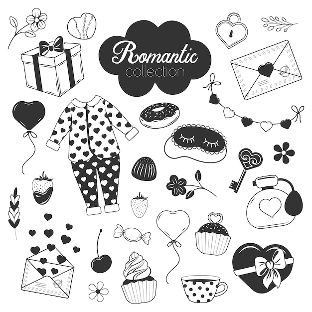 Nette romantische monochrome sammlung. pyjamas, kuchen, schlüssel, herz, briefe. viele schwarze objekte, cartoon-stil. vektor-illustration. getrennt auf weiß.