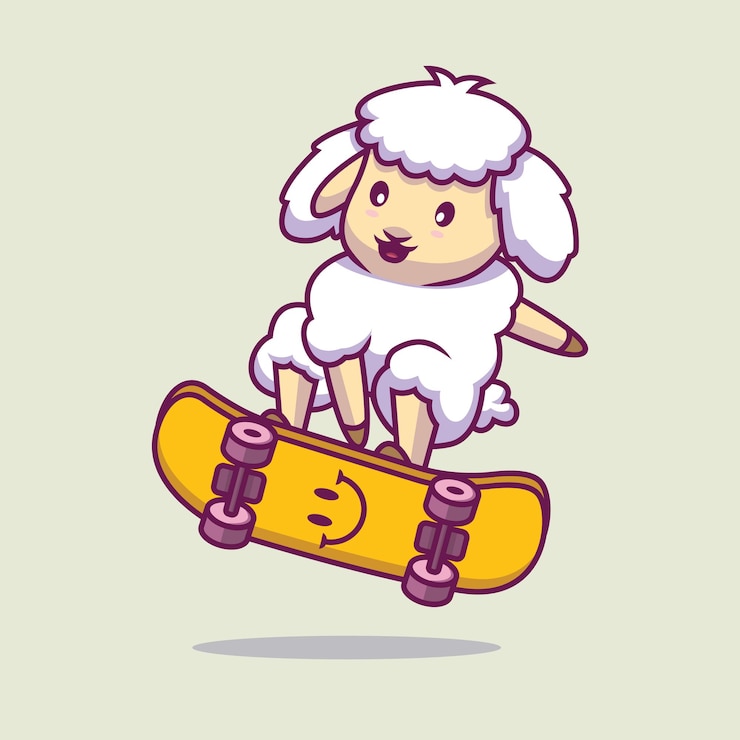 Vektor nette schafe, die skateboardkarikaturillustration spielen