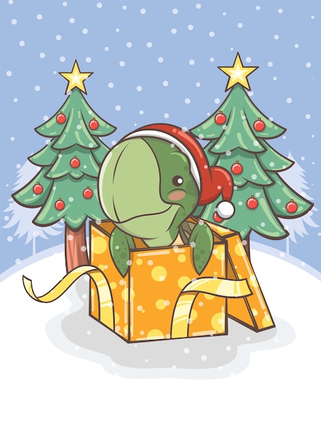 Nette schildkröte mit einer geschenkbox und weihnachtsbaum - karikaturcharakterillustration