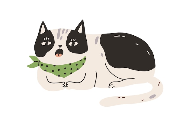 Nette schläfrige Katze, die gähnt oder miaut. Lustiges faules gelangweiltes Kätzchen, das liegt und sich ausruht. Süßes fleckiges Kätzchen im Doodle-Stil gezeichnet. Von Hand gezeichnete bunte flache Vektorillustration lokalisiert auf weißem Hintergrund.