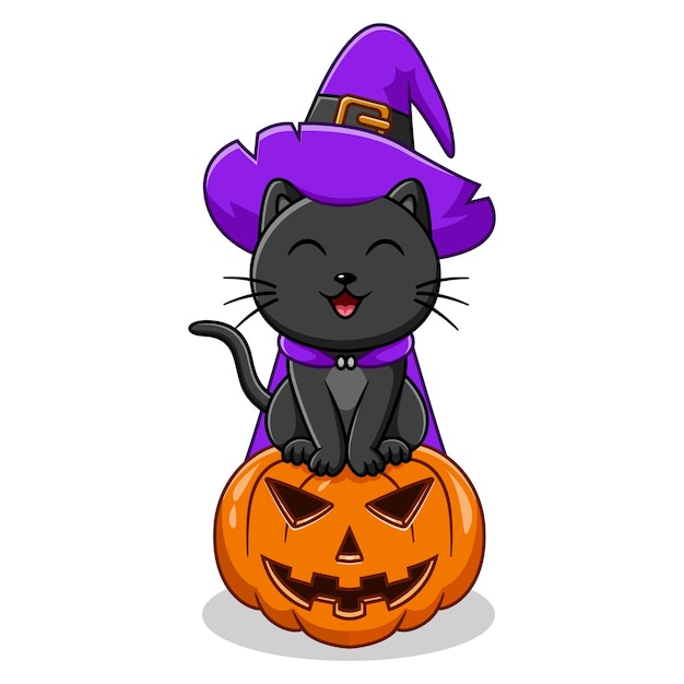 Nette schwarze katze im hexenhut, der auf halloween-kürbis sitzt