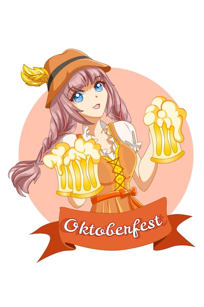 Nette und glückliche frau, die oktoberfest mit bierkarikaturillustration feiert