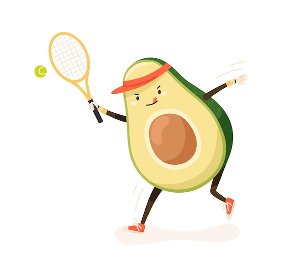 Nette und lustige Avocado, die Tennis in der Kappe und in den Turnschuhen spielt. Aktives Comic-Fettgemüse bei sportlichen Aktivitäten. Farbige flache Vektorillustration des kindlichen Charakters lokalisiert auf weißem Hintergrund.