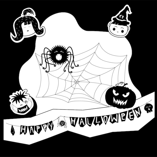 Nette Vektorillustration für Halloween Kinderspinnen und -kürbisse auf einer Karte