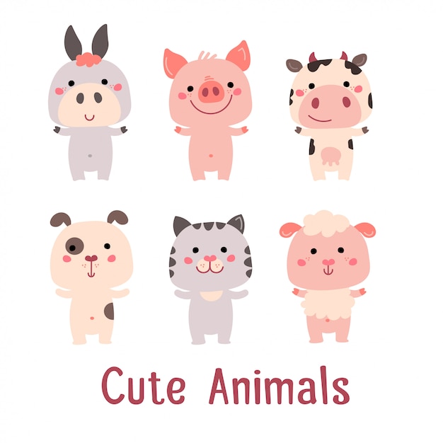Nette vektortiere: schwein, katze, hund, schaf, kuh, esel