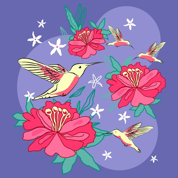 Nette Vögel mit Blumenhandzeichnungs-Vektorillustration