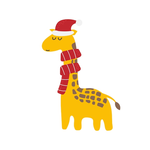 Nette weihnachtsgiraffe in der sankt-hutkarikatur-vektorillustration