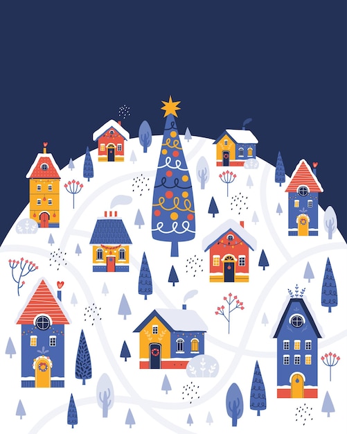 Nette weihnachtshäuser auf dem hintergrund einer verschneiten winterlandschaft. nachtstadt für weihnachten und neujahr dekoriert. handgezeichnete illustration im skandinavischen stil für poster, cover, postkarte, banner.