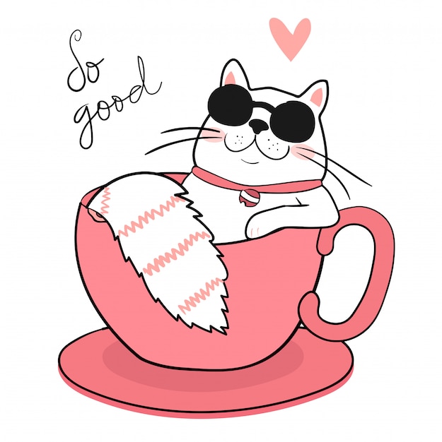 Vektor nette weiße fette katze mit sonnenbrillen schlafend in einer kaffeetasse