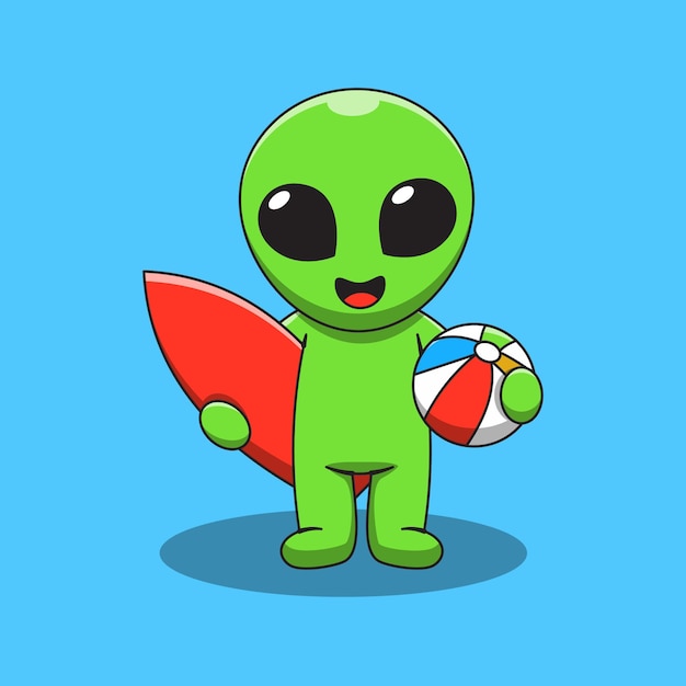 Netter alien mit surfbrett-karikaturillustration