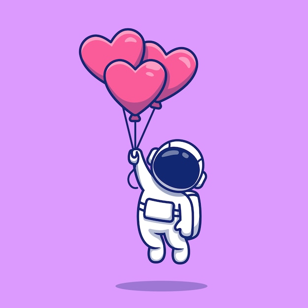 Netter astronaut, der mit liebesballons cartoon illustration schwimmt.
