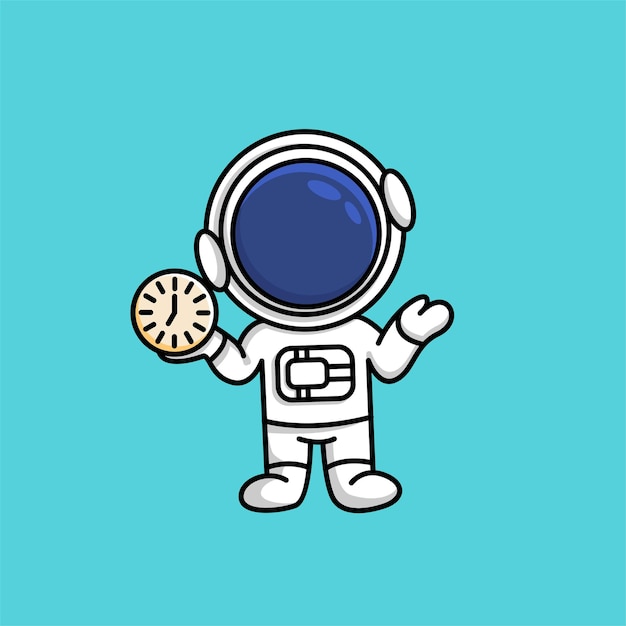 Netter astronaut, der uhr in seiner handkarikaturillustration hält