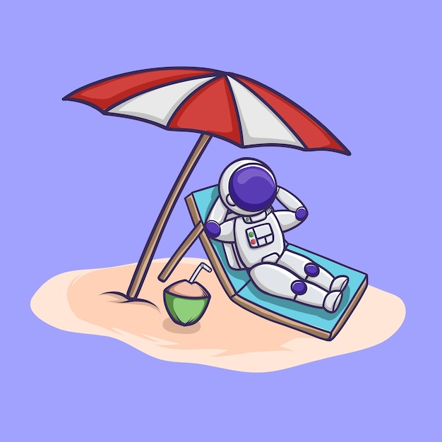 Netter Astronaut mit Regenschirm, der auf einer Bank am Strand liegt Sommerurlaub am Strand Zeichentrickfigur