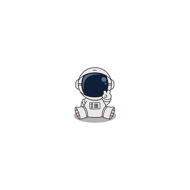 Netter astronaut mit v-zeichen-hand und sitzender cartoon-vektor-illustration