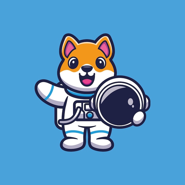 Netter astronaut shiba inu hund, der helmkarikatur-vektorillustration hält