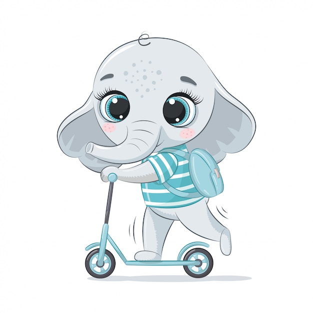 Netter babyelefant auf dem roller. illustration für babyparty, grußkarte, partyeinladung, modekleidung t-shirt druck.