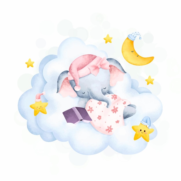 Netter babyelefant, der auf der wolke schläft