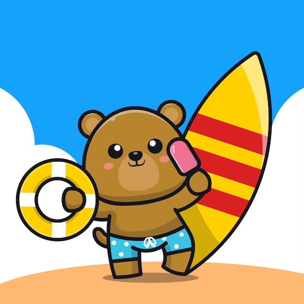 Netter Bär, der Eiscreme-Schwimmring und Surfbrettkarikaturillustration hält