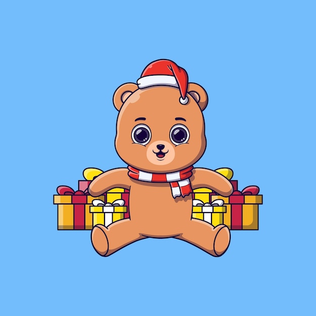 Netter Bär, der vor Weihnachtsgeschenken sitzt