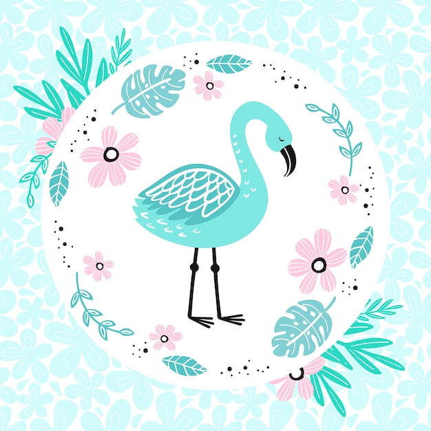 Netter blauer Flamingo auf dem Blumenhintergrund