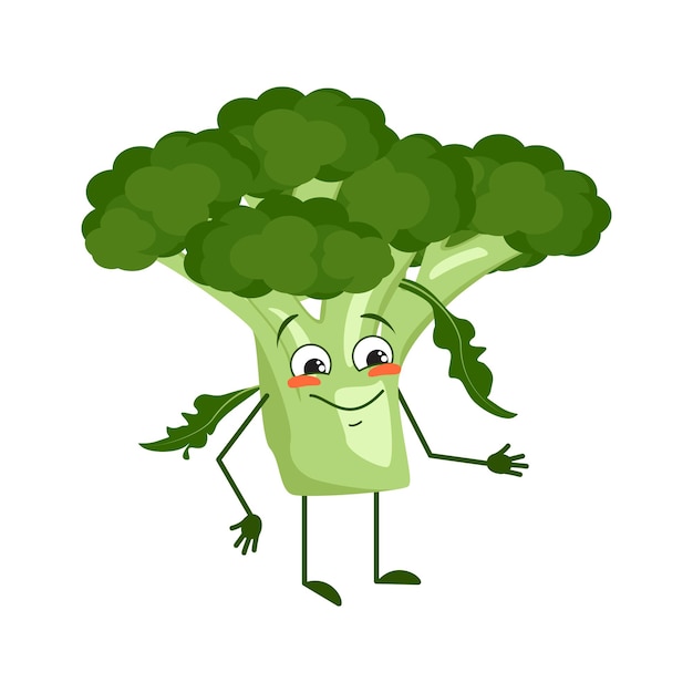 Netter brokkoli-charakter mit freude emotionen lächelndes gesicht glückliche augen arme und beine
