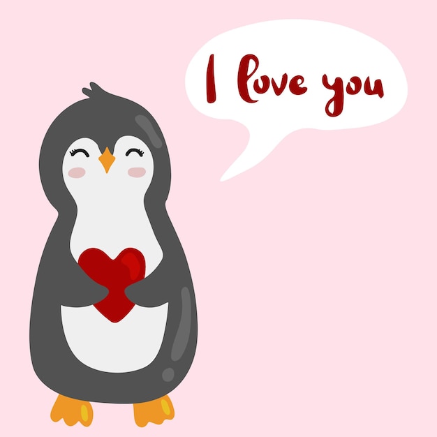 Netter cartoon-pinguin, der herz hält. glückliche valentinstag-grußkarte. vektor-illustration.