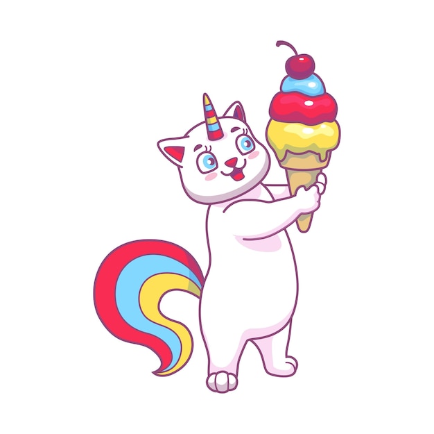 Vektor netter caticorn-charakter mit eiscreme-dessert